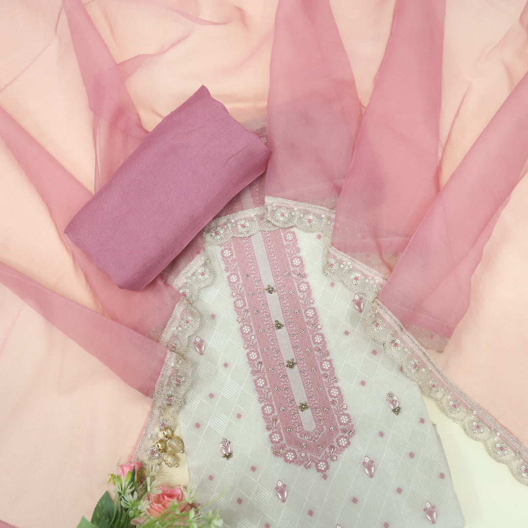 Soundarya Eggnon Cream Thread Weaved Shimmer Tissue Suit Set