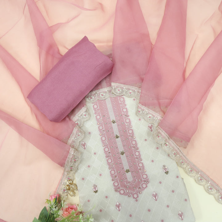 Soundarya Eggnon Cream Thread Weaved Shimmer Tissue Suit Set
