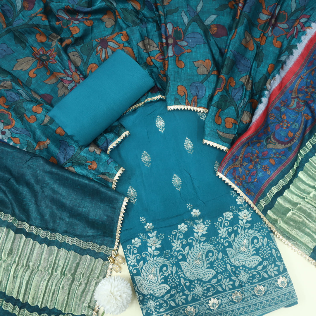 Soundarya Greasy Green Zari Weaved Dola Silk Suit Set