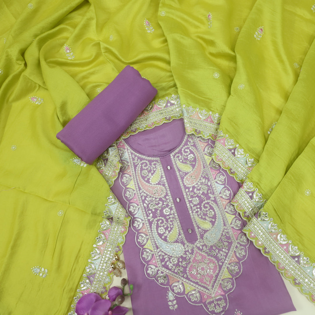 Soundarya Lilac Purple Thread Work Embroidery Dola Silk Suit Set