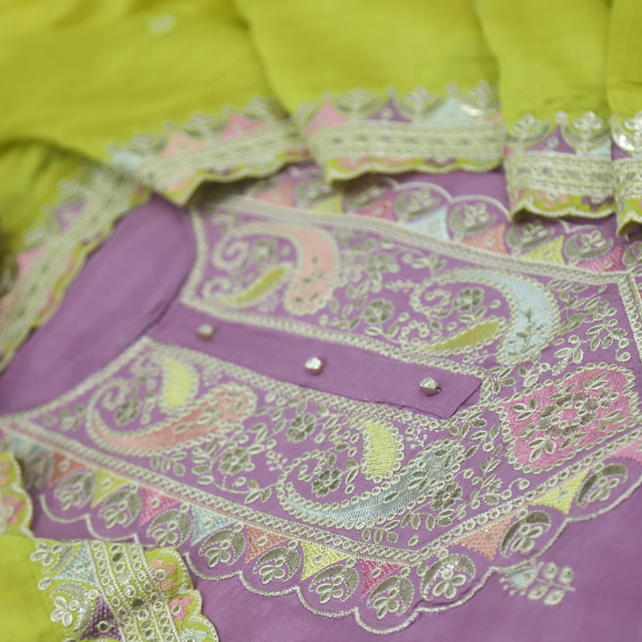 Soundarya Lilac Purple Thread Work Embroidery Dola Silk Suit Set