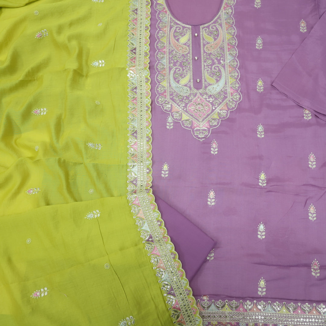Soundarya Lilac Purple Thread Work Embroidery Dola Silk Suit Set