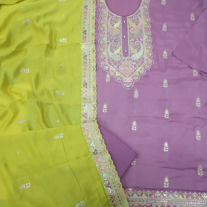 Soundarya Lilac Purple Thread Work Embroidery Dola Silk Suit Set