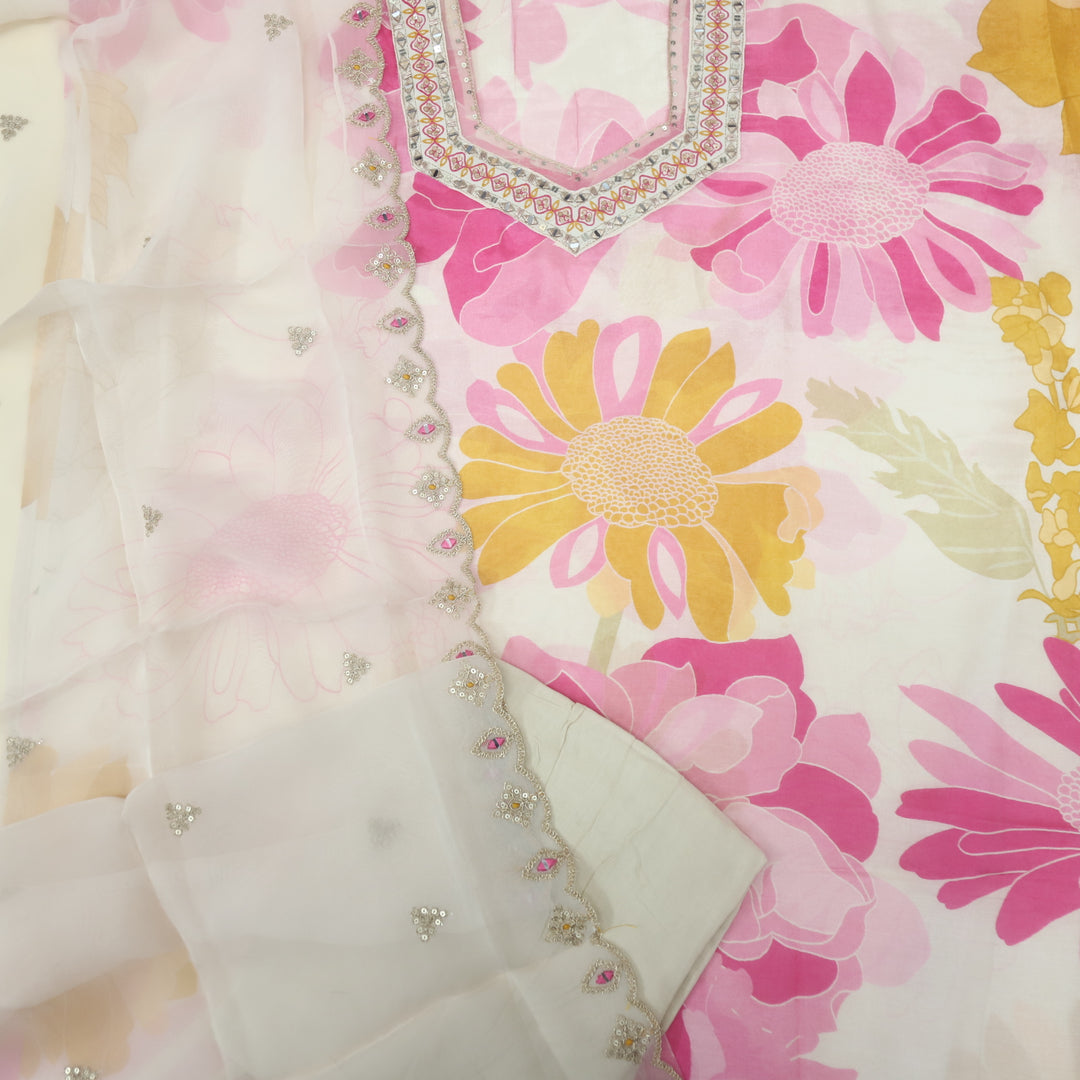 Soundarya Cream Mix Embellished Neck Floral Print Muslin Suit Set