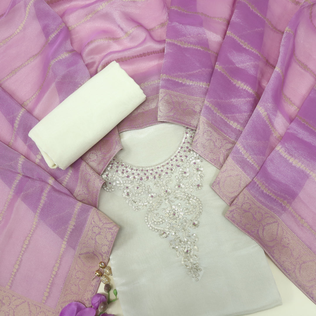 Soundarya Sugar Cream Embroidered Neck Shimmer Tissue Suit Set