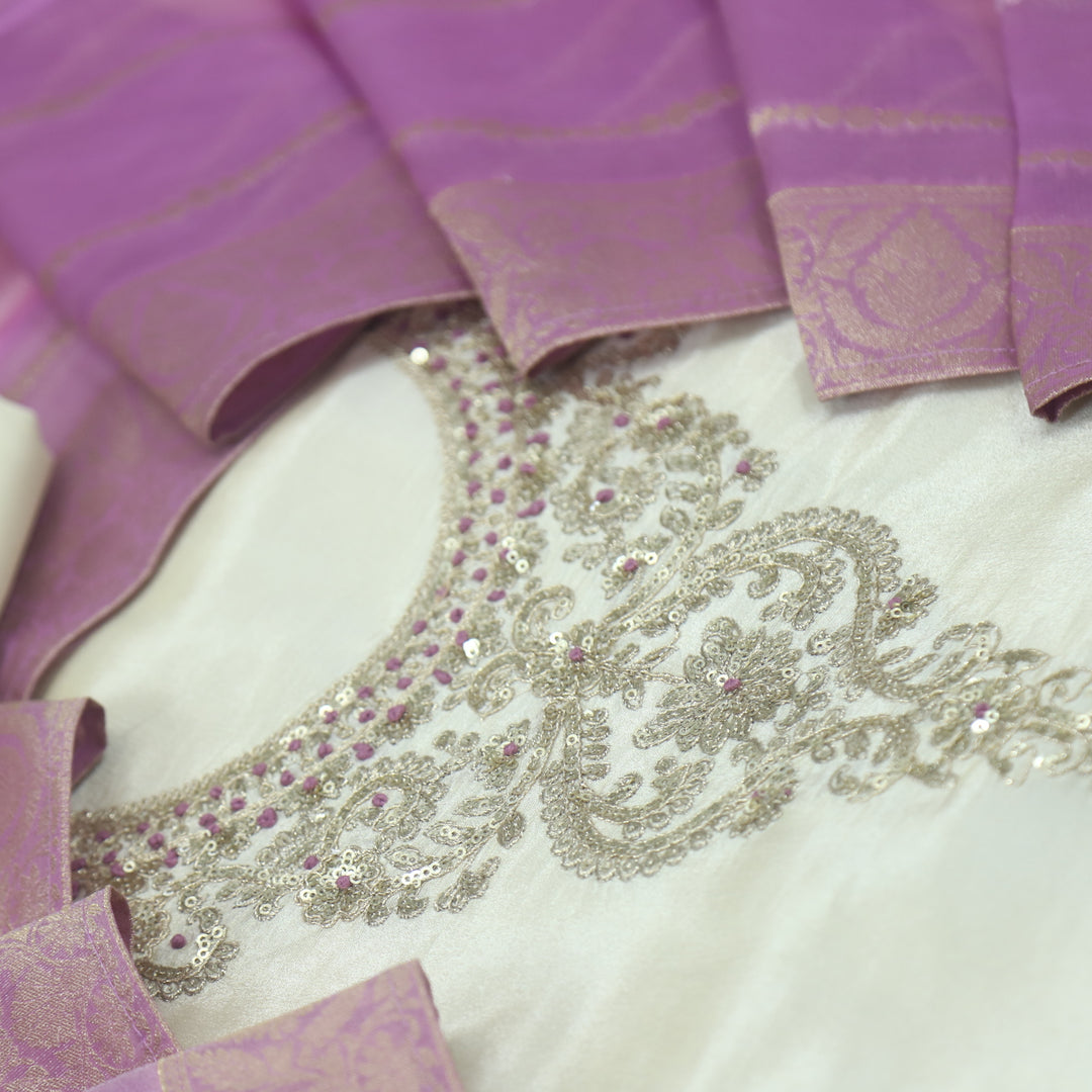 Soundarya Sugar Cream Embroidered Neck Shimmer Tissue Suit Set