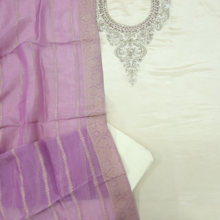 Soundarya Sugar Cream Embroidered Neck Shimmer Tissue Suit Set