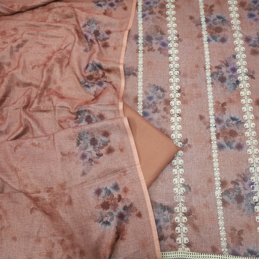 Shokhiyan Mauve Taupe Thread Weaved Printed Semi Pashmina Set