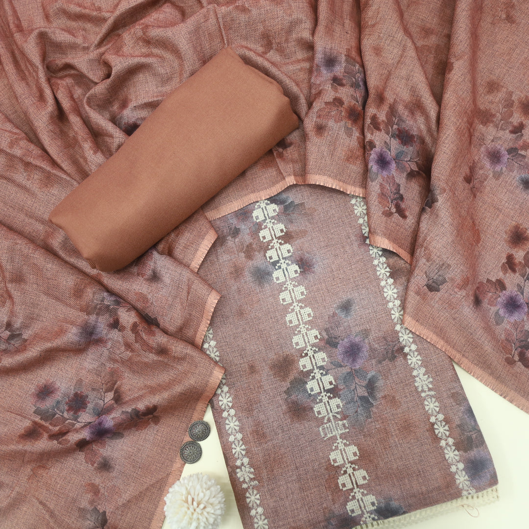 Shokhiyan Mauve Taupe Thread Weaved Printed Semi Pashmina Set