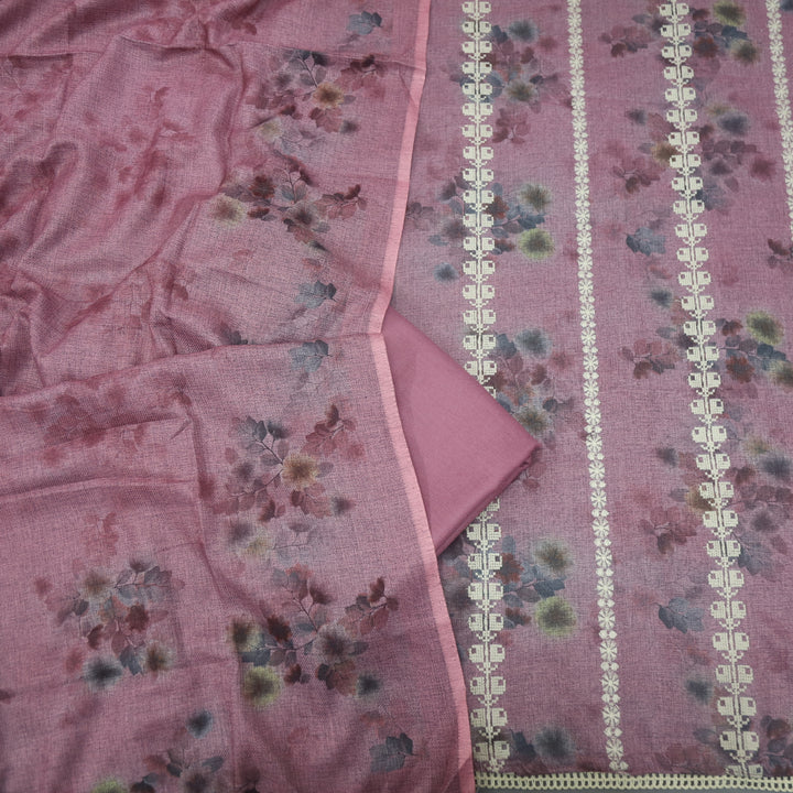 Shokhiyan Mulberry Mauve Thread Weaved Printed Semi Pashmina Set