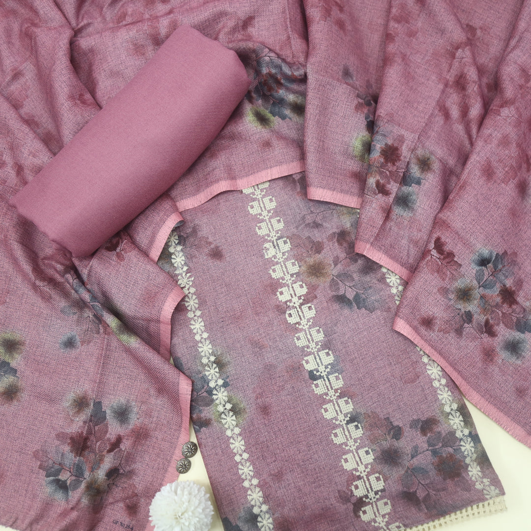 Shokhiyan Mulberry Mauve Thread Weaved Printed Semi Pashmina Set
