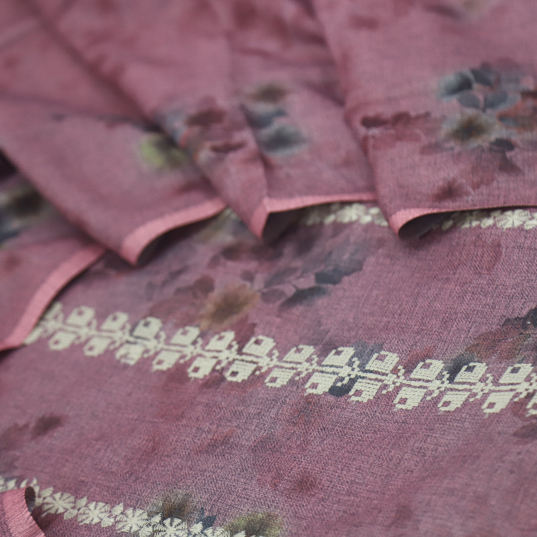Shokhiyan Mulberry Mauve Thread Weaved Printed Semi Pashmina Set