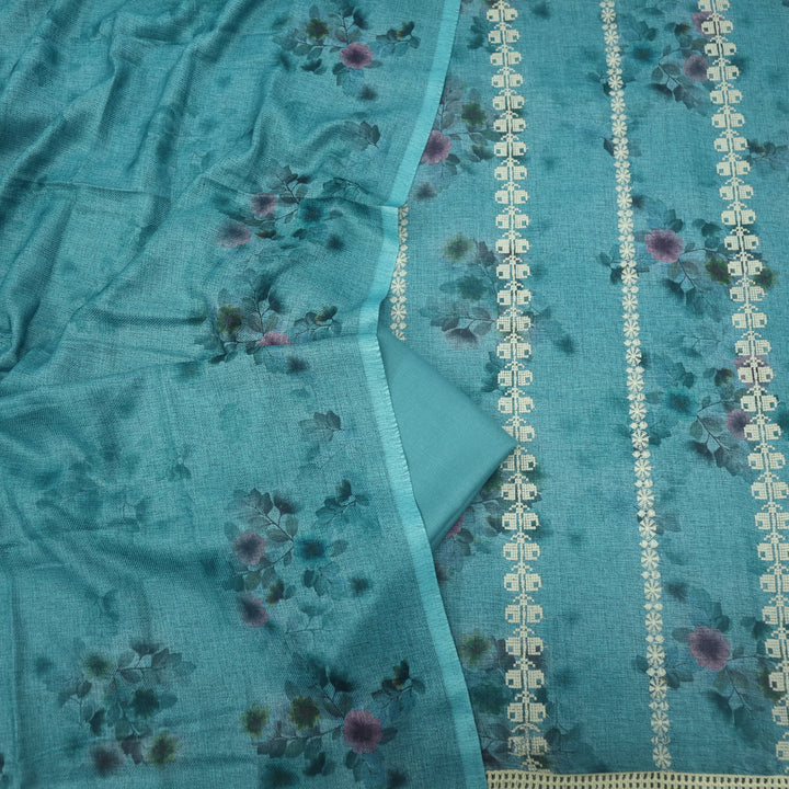 Shokhiyan Teal Blue Thread Weaved Printed Semi Pashmina Set