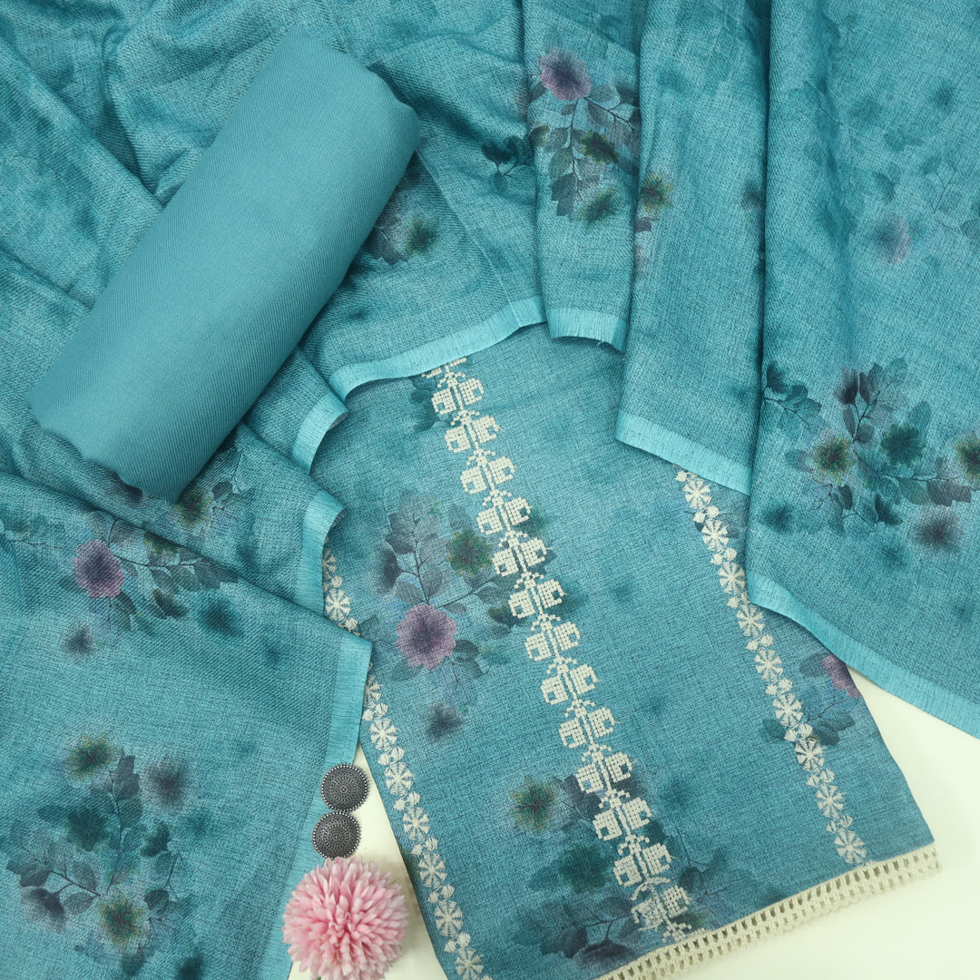 Shokhiyan Teal Blue Thread Weaved Printed Semi Pashmina Set