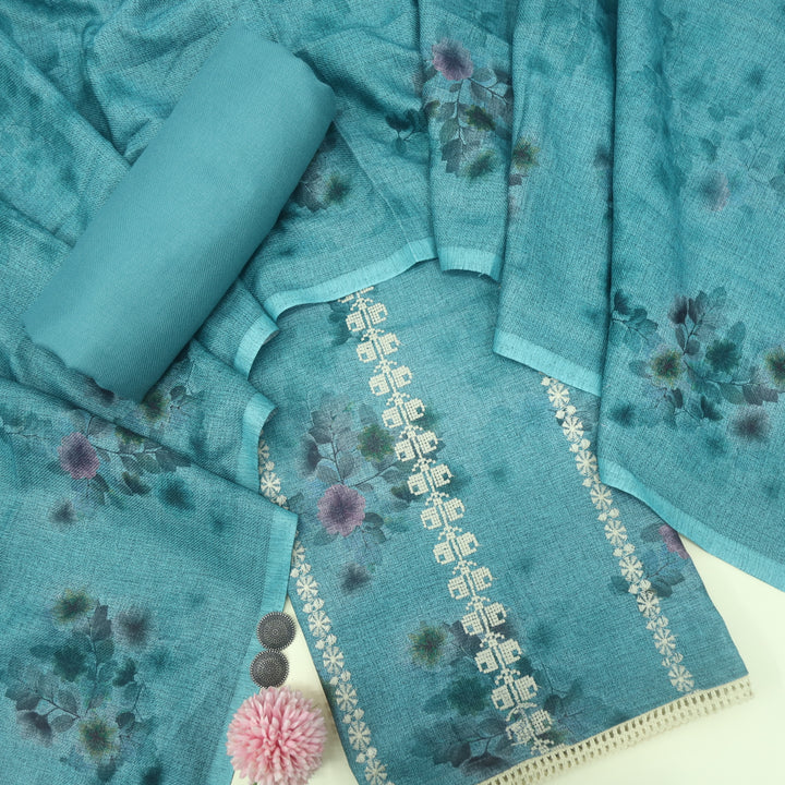 Shokhiyan Teal Blue Thread Weaved Printed Semi Pashmina Set