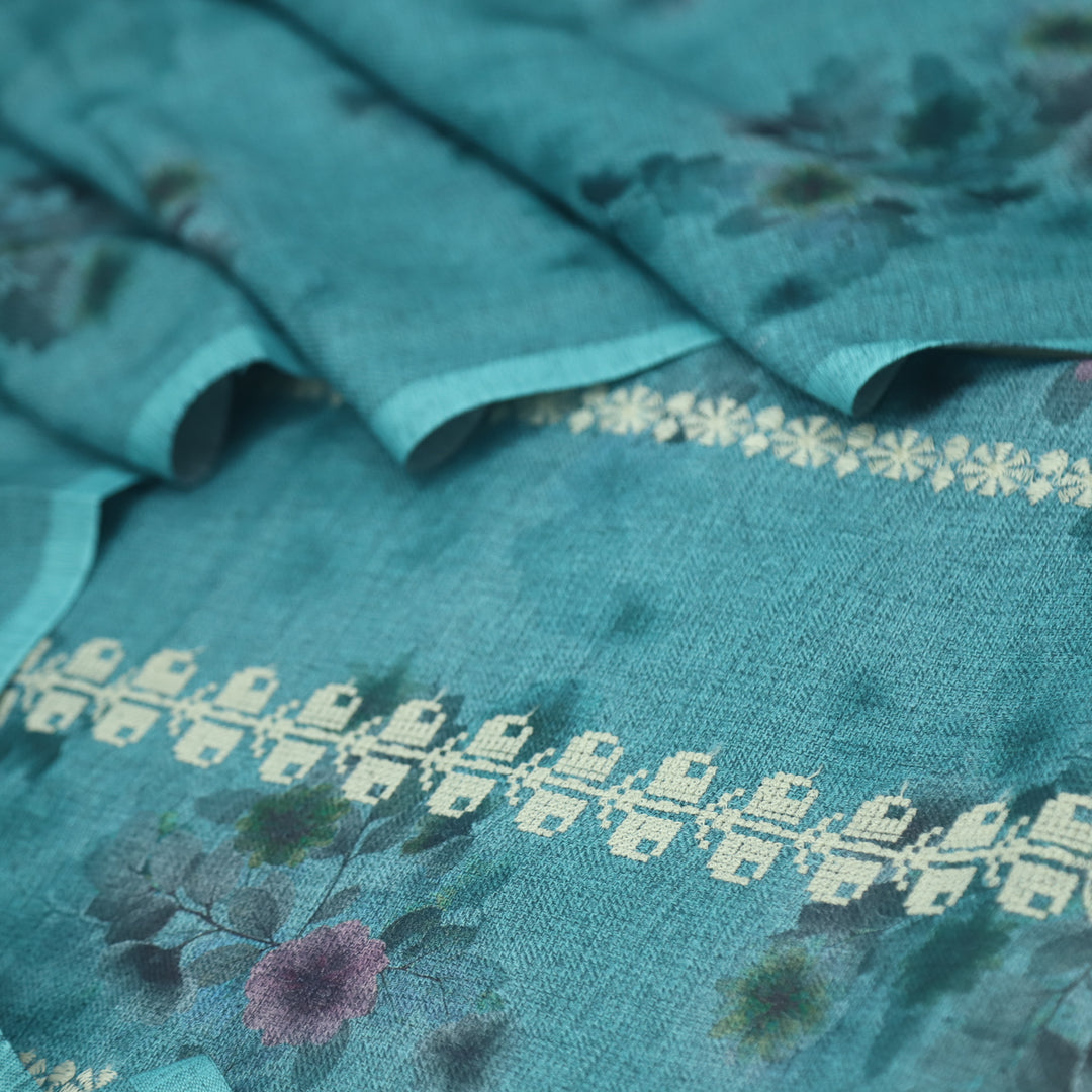 Shokhiyan Teal Blue Thread Weaved Printed Semi Pashmina Set