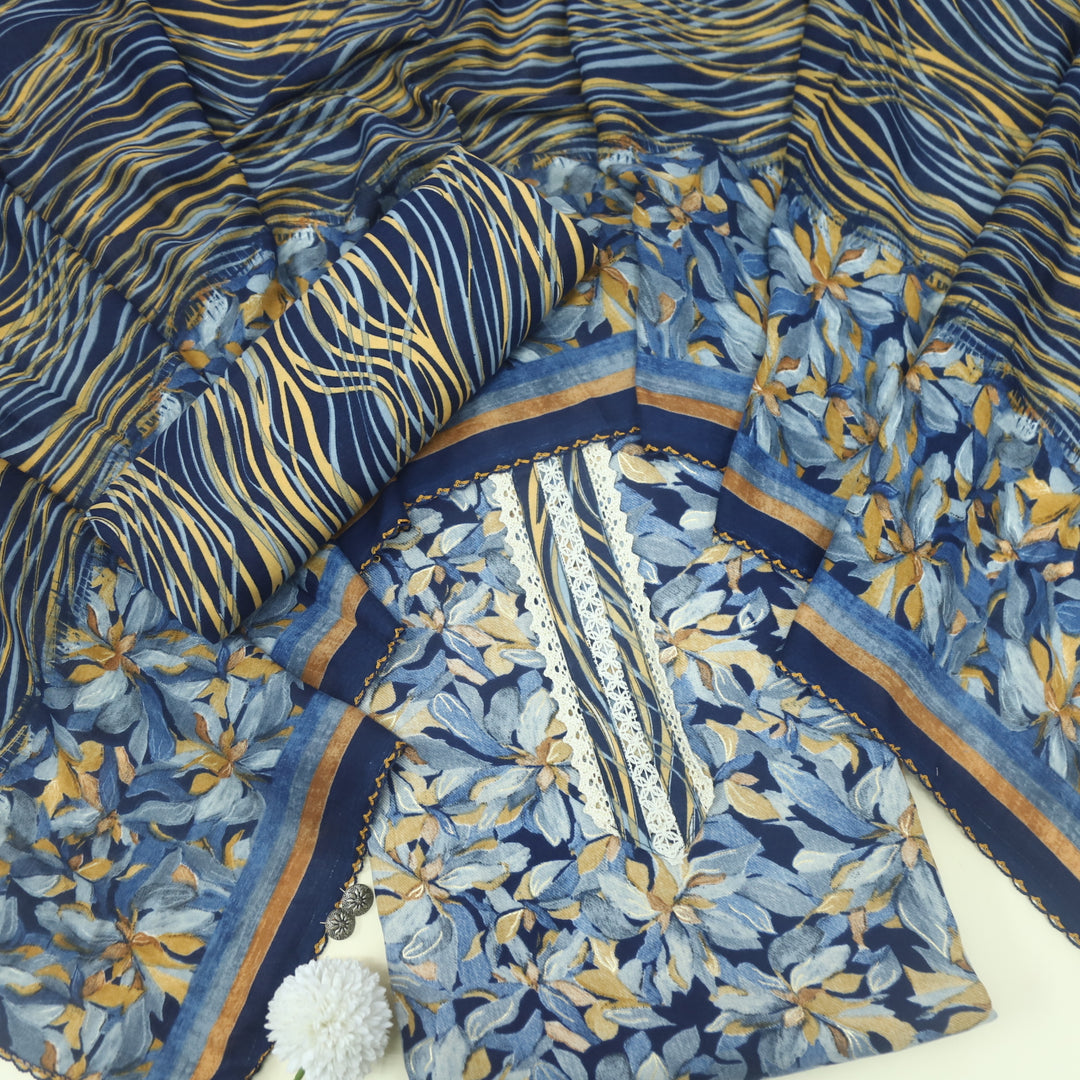 Ehimaya Denim Blue Lace Work Floral Printed Semi Pashmina Set