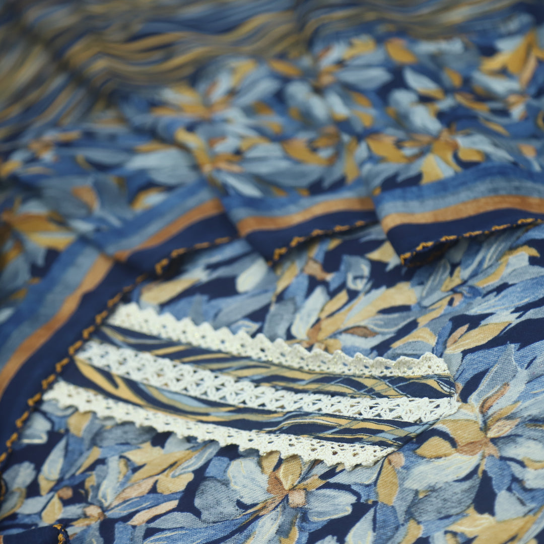Ehimaya Denim Blue Lace Work Floral Printed Semi Pashmina Set