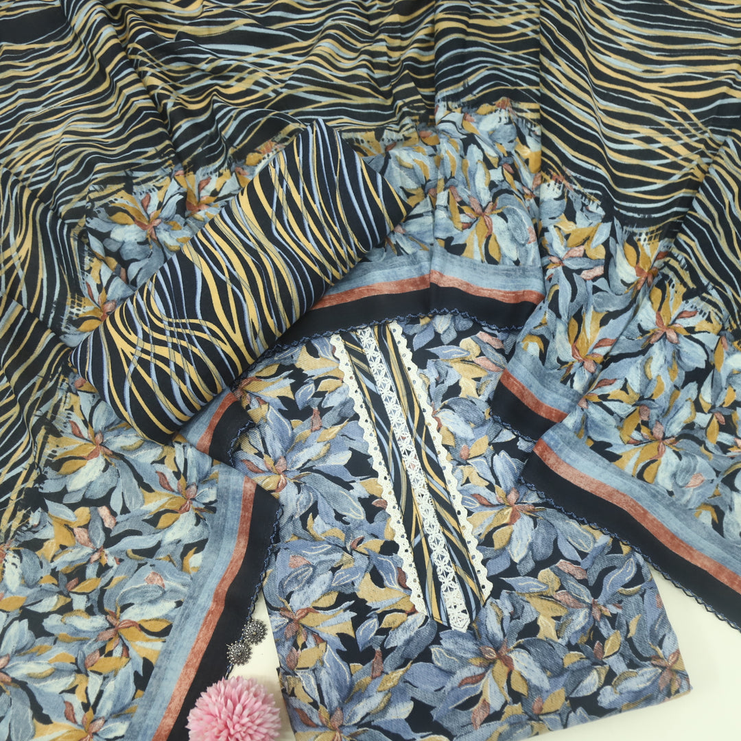 Ehimaya Blue and Black Lace Work Floral Printed Semi Pashmina Set