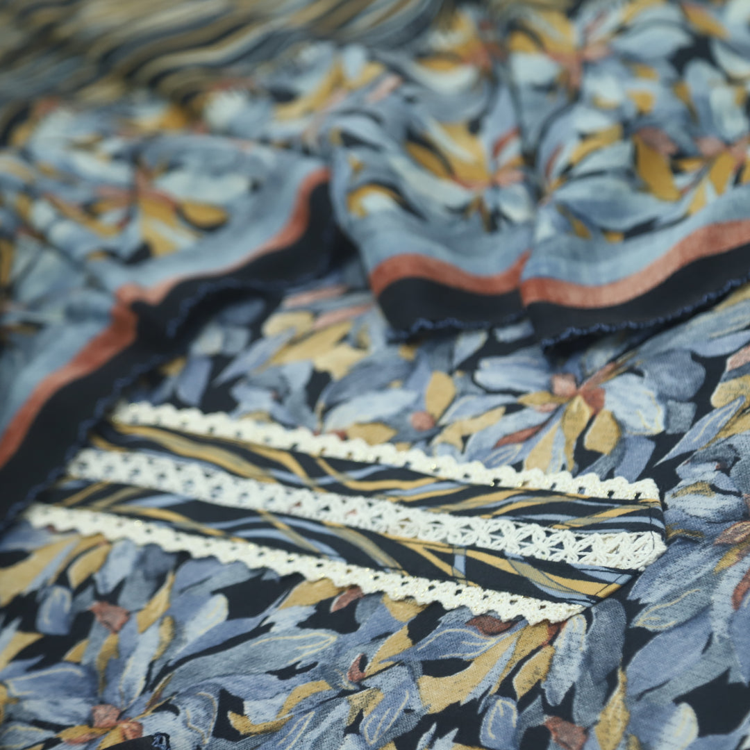 Ehimaya Blue and Black Lace Work Floral Printed Semi Pashmina Set