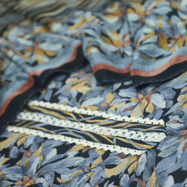 Ehimaya Blue and Black Lace Work Floral Printed Semi Pashmina Set