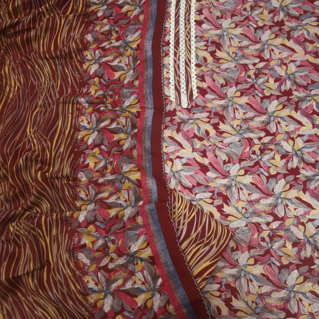 Ehimaya Wine Red Lace Work Floral Printed Semi Pashmina Set