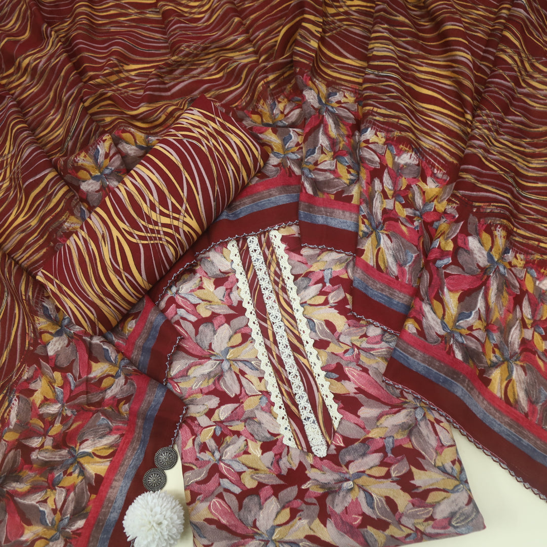 Ehimaya Wine Red Lace Work Floral Printed Semi Pashmina Set