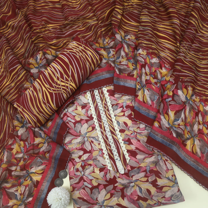 Ehimaya Wine Red Lace Work Floral Printed Semi Pashmina Set