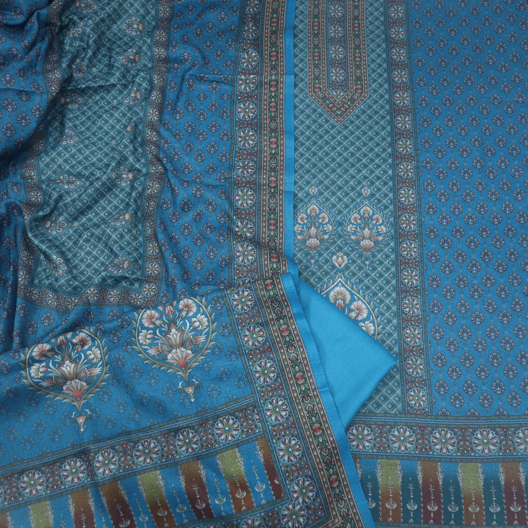 Umrah Cerulean Blue Digital Floral Printed Semi Pashmina Suit Set