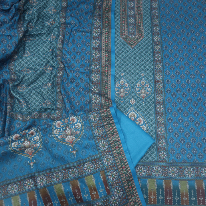 Umrah Cerulean Blue Digital Floral Printed Semi Pashmina Suit Set