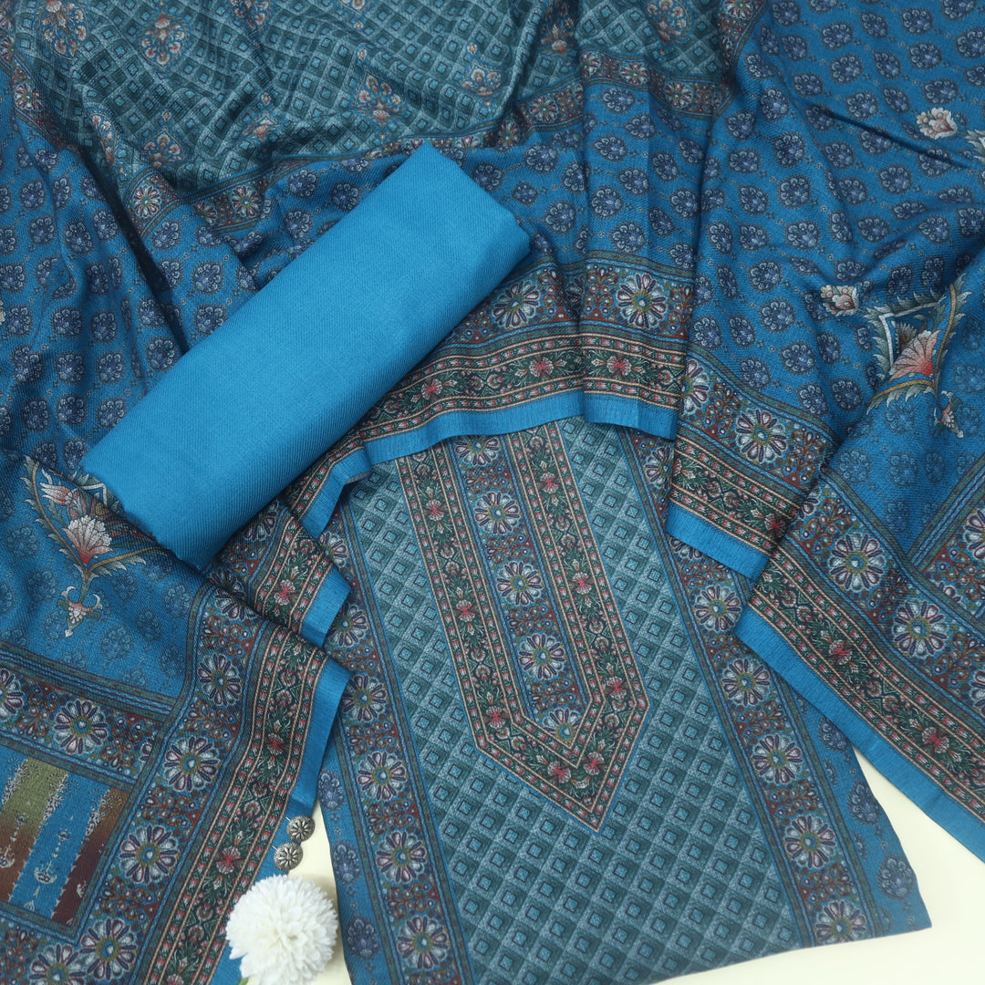 Umrah Cerulean Blue Digital Floral Printed Semi Pashmina Suit Set
