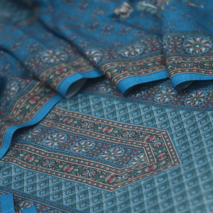Umrah Cerulean Blue Digital Floral Printed Semi Pashmina Suit Set