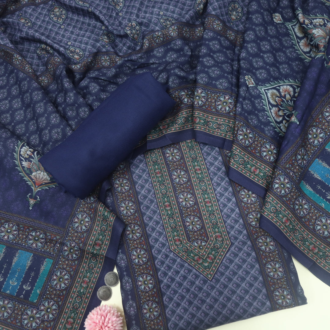 Umrah Indigo Purple Digital Floral Printed Semi Pashmina Suit Set