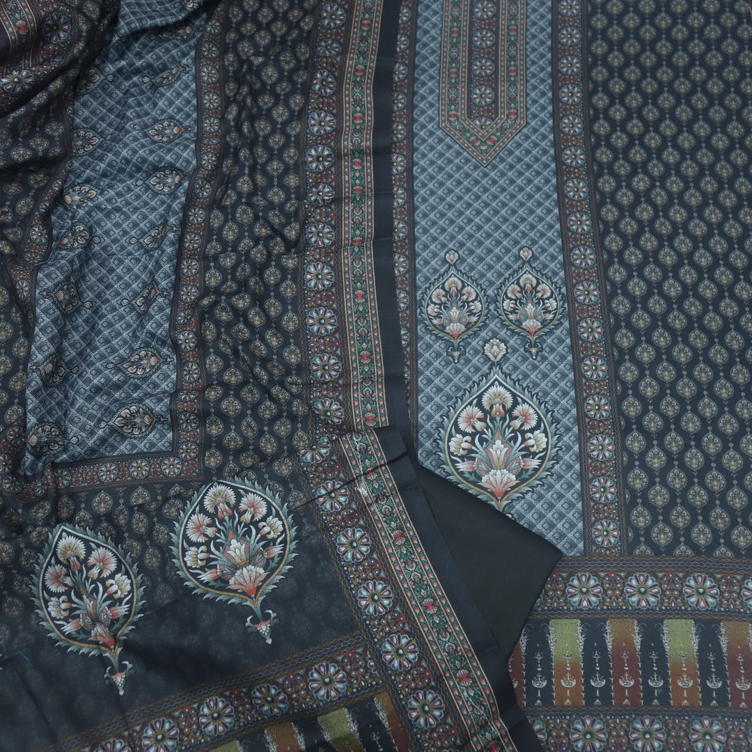 Umrah Ribbed Grey Digital Floral Printed Semi Pashmina Suit Set