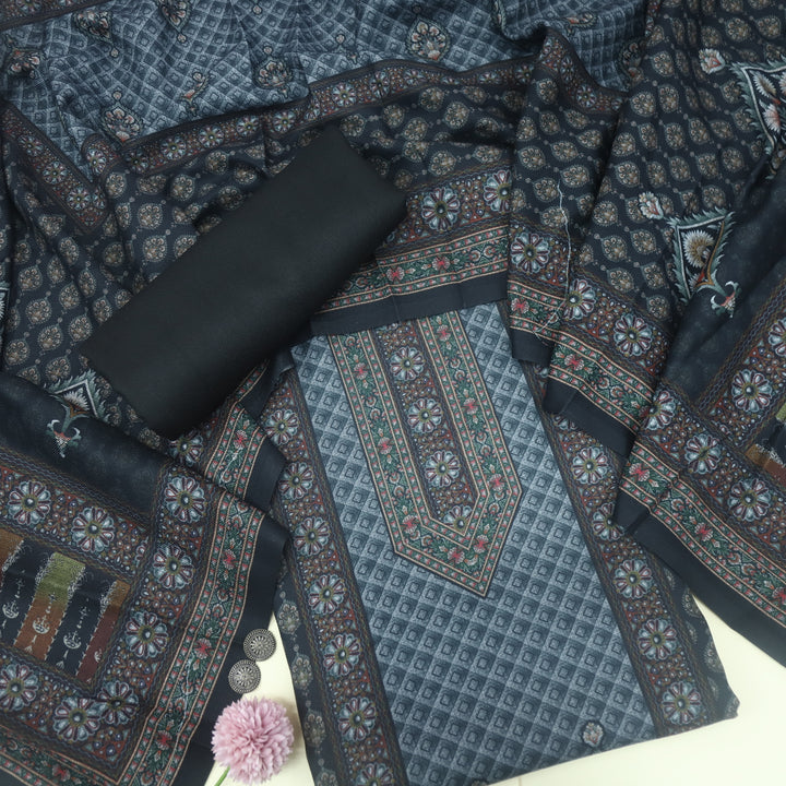 Umrah Ribbed Grey Digital Floral Printed Semi Pashmina Suit Set