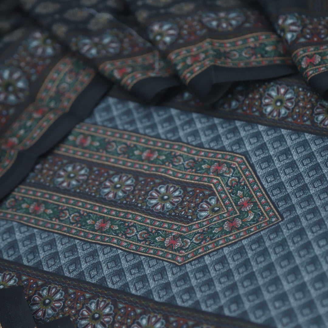 Umrah Ribbed Grey Digital Floral Printed Semi Pashmina Suit Set