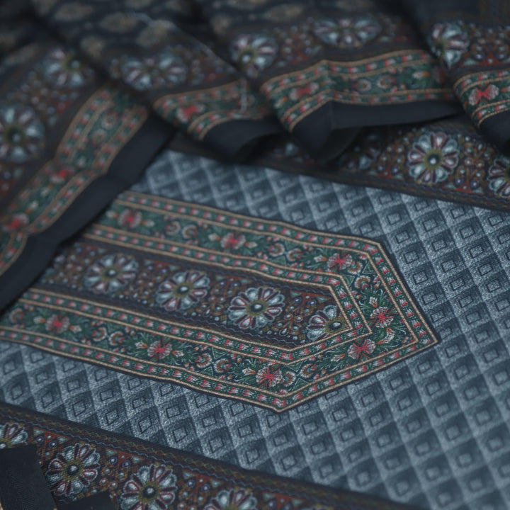 Umrah Ribbed Grey Digital Floral Printed Semi Pashmina Suit Set