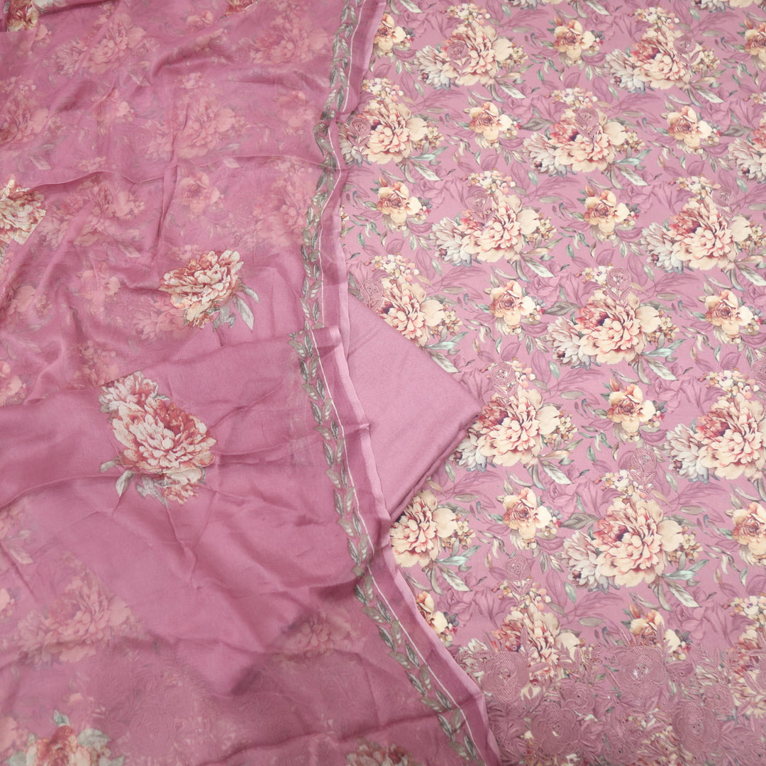 Ehimaya Heather Purple Thread Work Hem Floral Printed Semi Pashmina Set