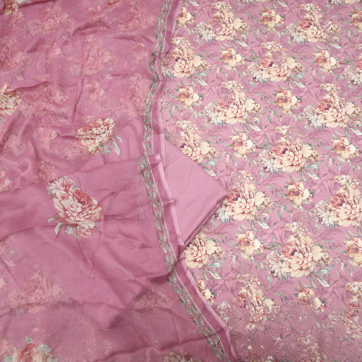 Ehimaya Heather Purple Thread Work Hem Floral Printed Semi Pashmina Set
