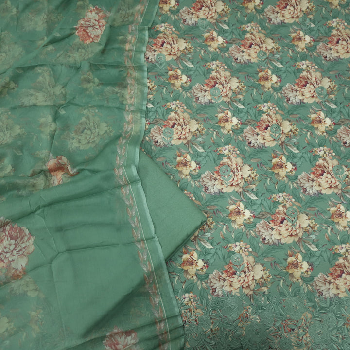 Ehimaya Fern Green Thread Work Hem Floral Printed Semi Pashmina Set