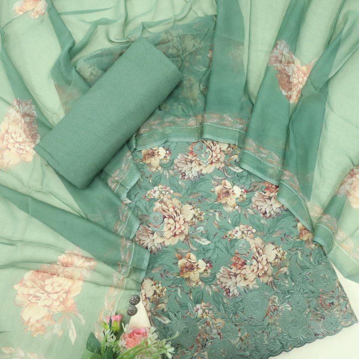 Ehimaya Fern Green Thread Work Hem Floral Printed Semi Pashmina Set