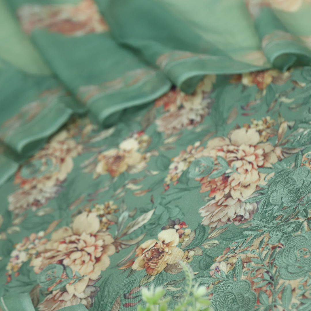 Ehimaya Fern Green Thread Work Hem Floral Printed Semi Pashmina Set