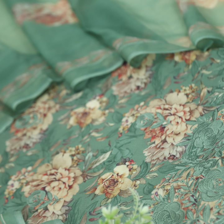 Ehimaya Fern Green Thread Work Hem Floral Printed Semi Pashmina Set