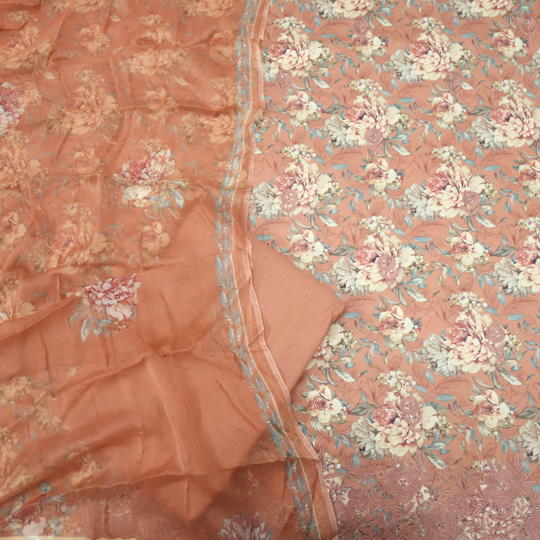 Ehimaya Dark Peach Thread Work Hem Floral Printed Semi Pashmina Set