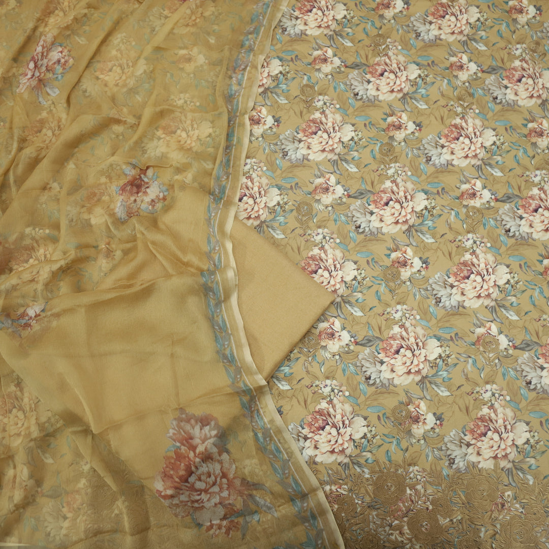 Ehimaya Dijon Yellow Thread Work Hem Floral Printed Semi Pashmina Set