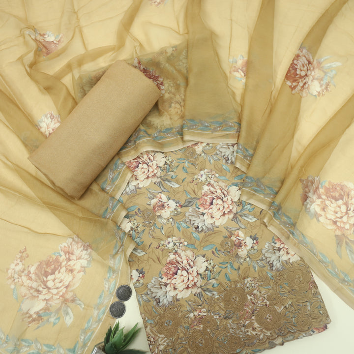 Ehimaya Dijon Yellow Thread Work Hem Floral Printed Semi Pashmina Set