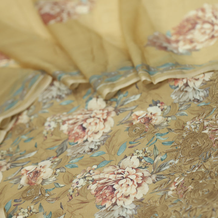 Ehimaya Dijon Yellow Thread Work Hem Floral Printed Semi Pashmina Set