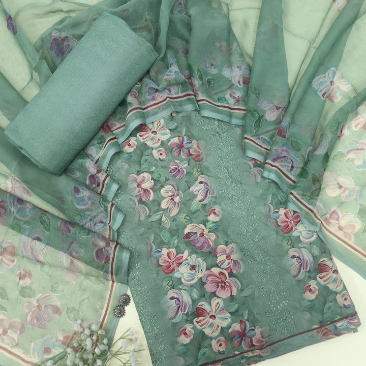 Ehimaya Fern Green Floral Printed Semi Pashmina Suit Set