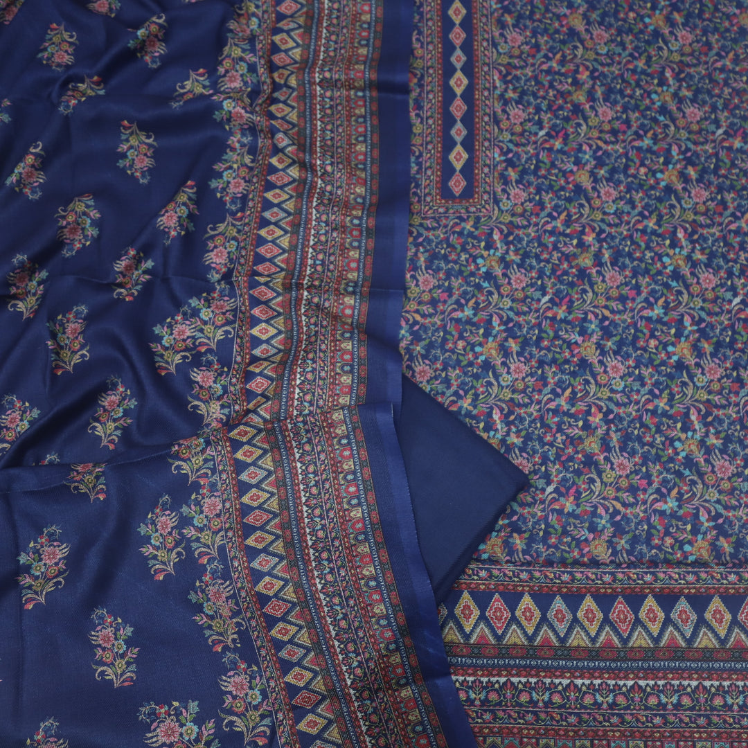 Sukhmani Berry Blue Floral Printed Semi Pashmina Suit Set D1