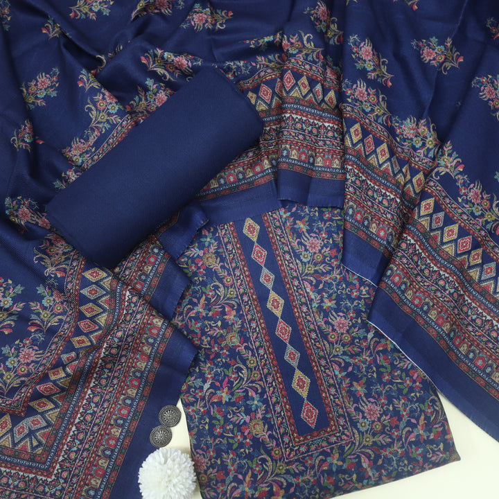 Sukhmani Berry Blue Floral Printed Semi Pashmina Suit Set D1